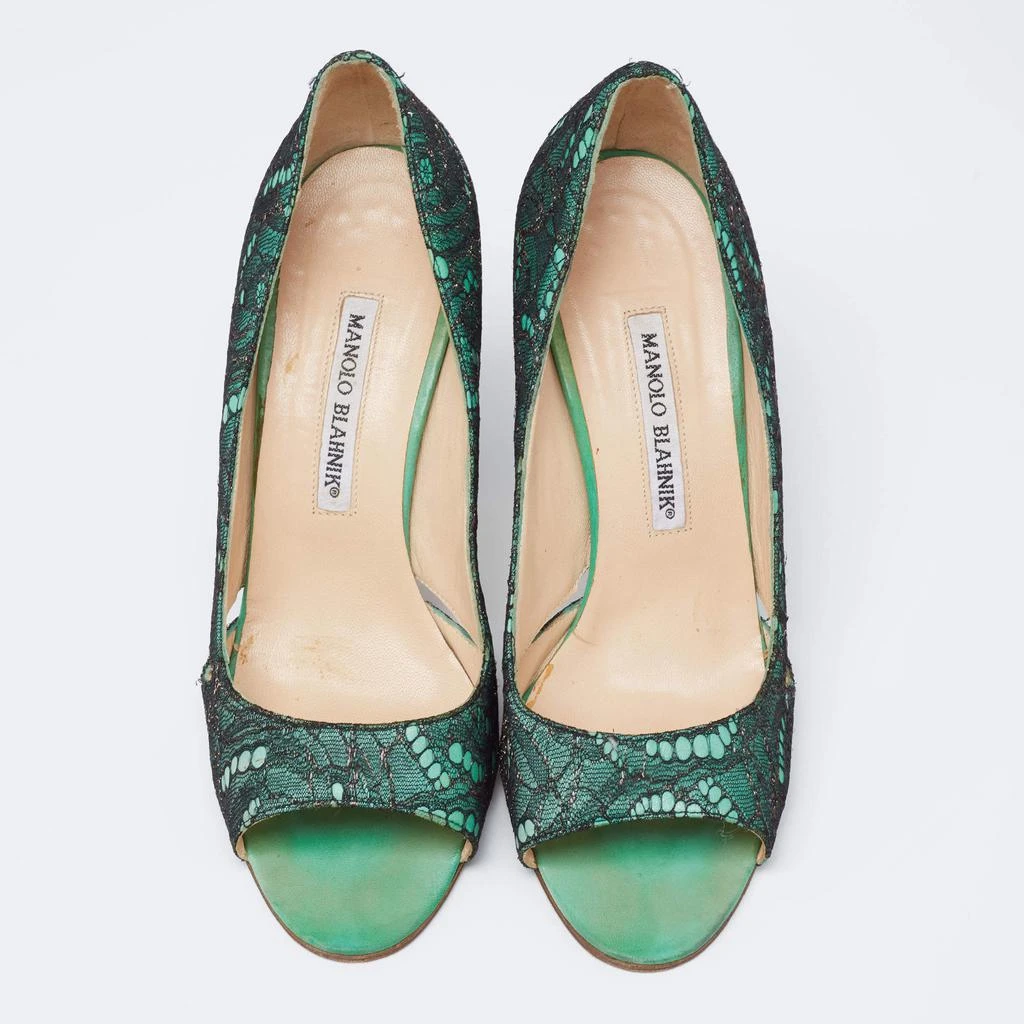 商品[二手商品] Manolo Blahnik|Manolo Blahnik Black/Green Lace and Leather Open-Toe Pumps Size 38.5,价格¥1006,第3张图片详细描述
