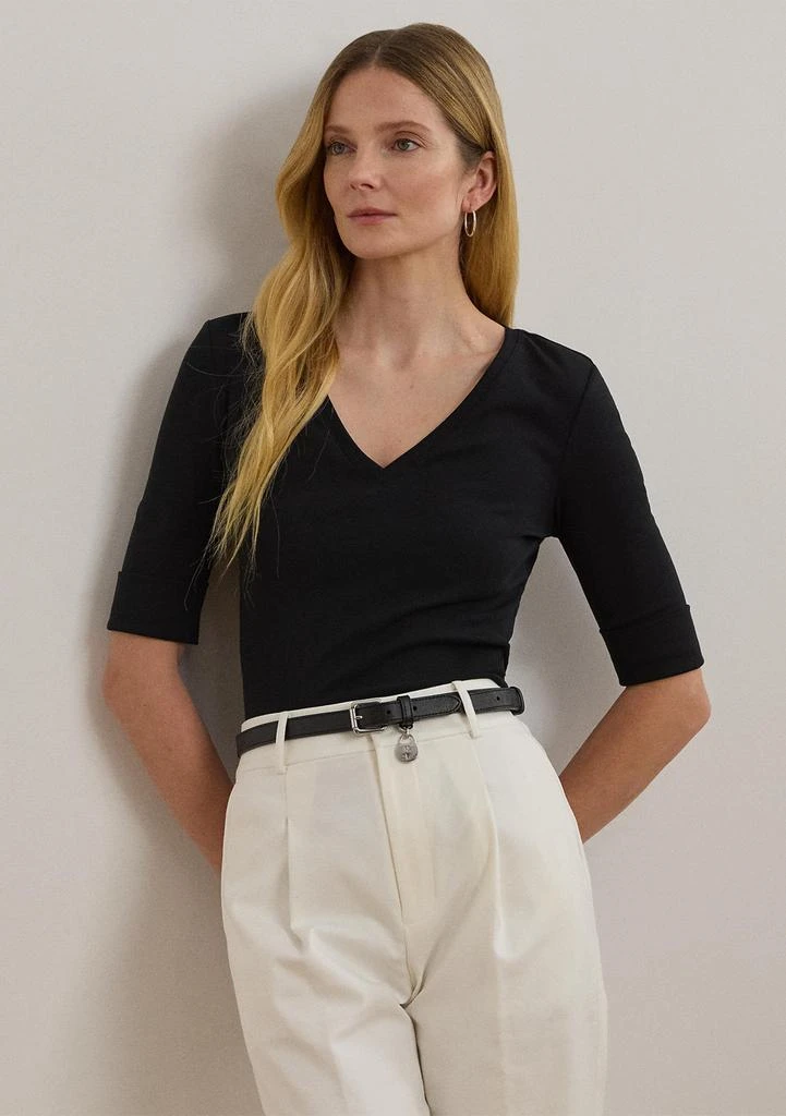 商品Ralph Lauren|Women's Stretch Cotton Elbow-Sleeve V-Neck T-Shirt,价格¥184,第1张图片