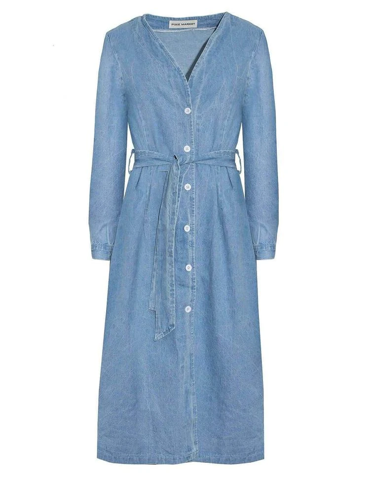 商品Pixie Market|Denim Midi Belted Button Dress,价格¥753,第4张图片详细描述