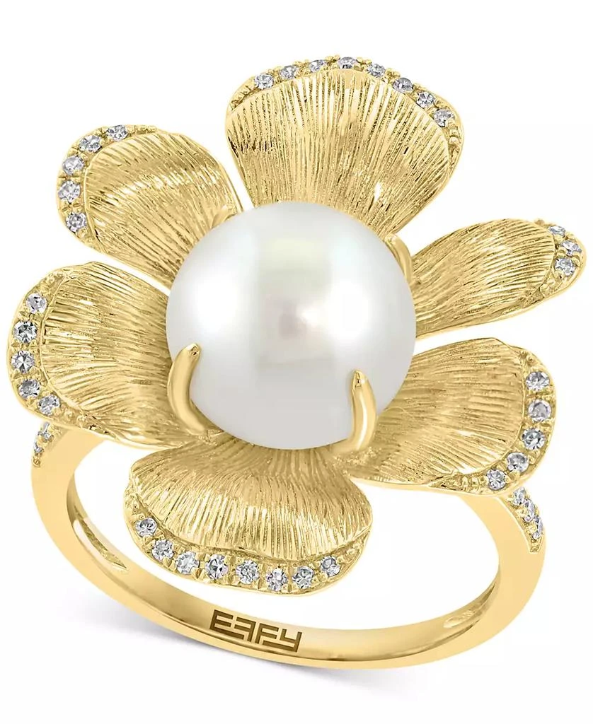 商品Effy|EFFY® Cultured Freshwater Pearl (9-1/2mm) & Diamond (1/6 ct. t.w.) Flower Statement Ring in 14k Yellow Gold,价格¥11509,第1张图片
