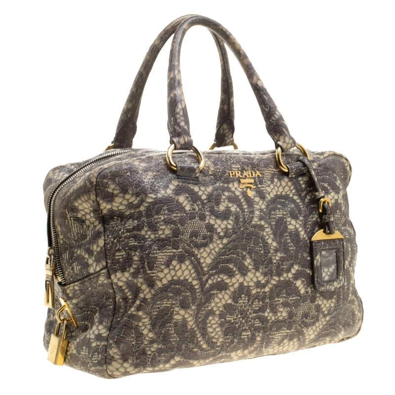 商品[二手商品] Prada|Prada Beige Talco Lace Print Cervo Leather Bowling Bag,价格¥4944,第3张图片详细描述
