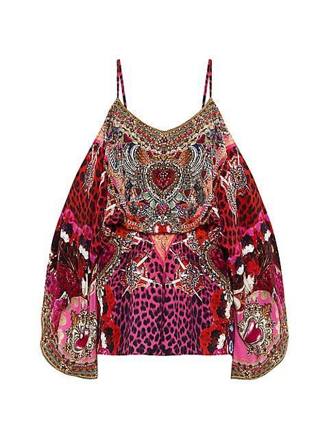 商品Camilla|Printed Silk Cold-Shoulder Romper,价格¥1616,第1张图片