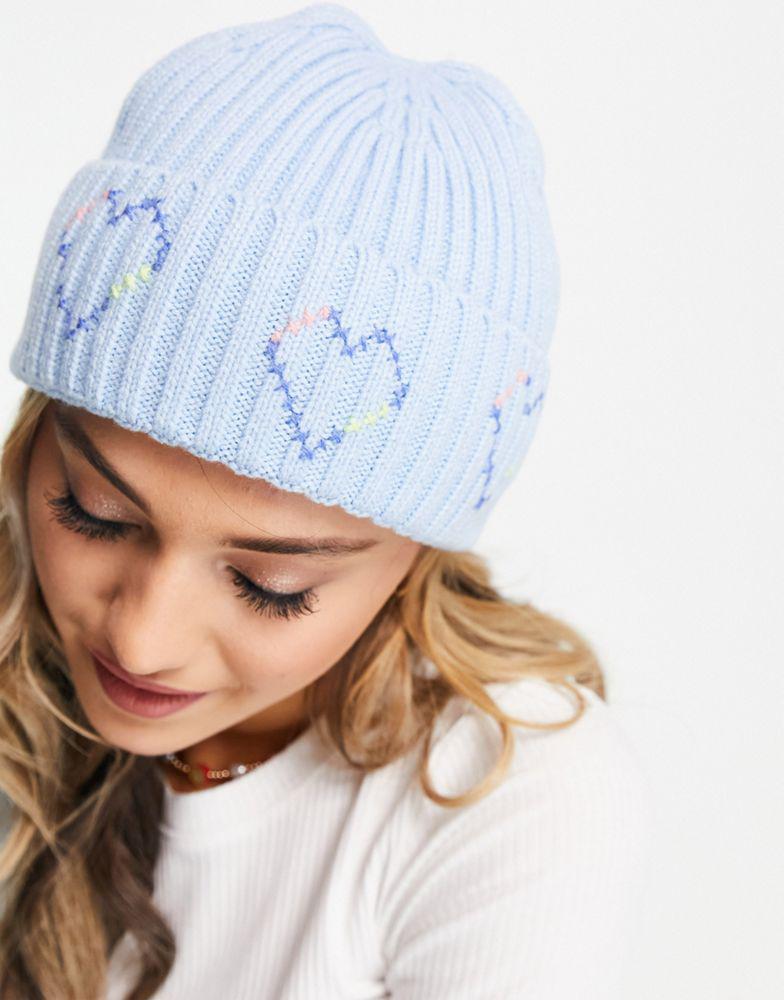 ASOS DESIGN chunky rib beanie with cross stitch embroidery heart in blue商品第1张图片规格展示