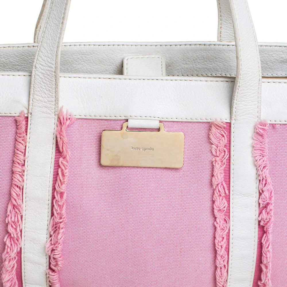 商品[二手商品] Kate Spade|Kate Spade Pink/White Canvas and Leather Metal Plate Tote,价格¥813,第5张图片详细描述