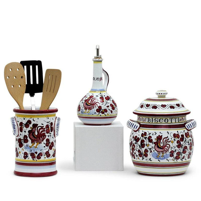 商品Artistica - Deruta of Italy|Orvieto Red Rooster: Bundle with Utensil Holder + Olive Oil Dispenser + Biscotti Jar,价格¥4036,第1张图片