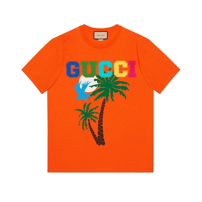 商品Gucci|【预售3-7天】GUCCI/古驰 22年春夏新款 爱的进行曲系列 男士橙色纯棉棕榈树印花短袖T恤‎548334XJEOW7548,价格¥3565,第1张图片