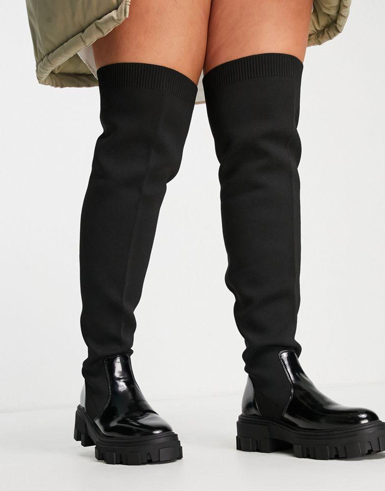 商品ASOS|ASOS DESIGN Curve Kimmy flat chunky over the knee boots in black,价格¥323,第5张图片详细描述