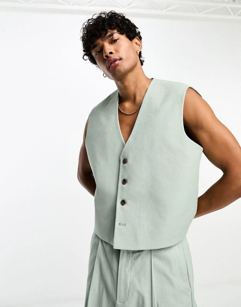 商品ASOS|ASOS DESIGN linen mix cropped suit waistcoat in sage,价格¥273,第1张图片