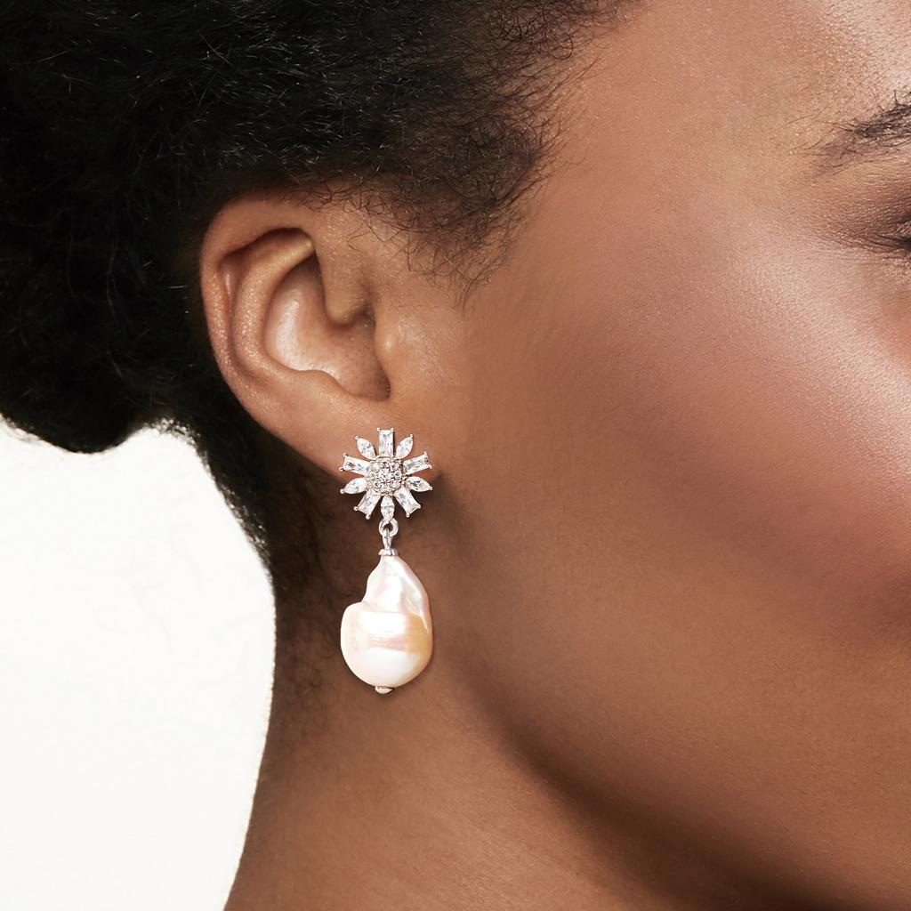 商品Ross-Simons|Ross-Simons 12-14mm Cultured Baroque Pearl and CZ Flower Drop Earrings in Sterling Silver,价格¥908,第4张图片详细描述