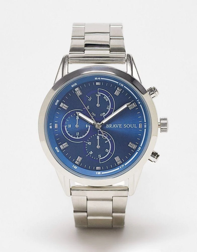 商品Brave Soul|Brave Soul multi-dial chunky strap watch in silver and blue,价格¥206,第1张图片