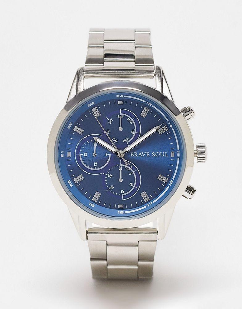 商品Brave Soul|Brave Soul multi-dial chunky strap watch in silver and blue,价格¥166,第1张图片