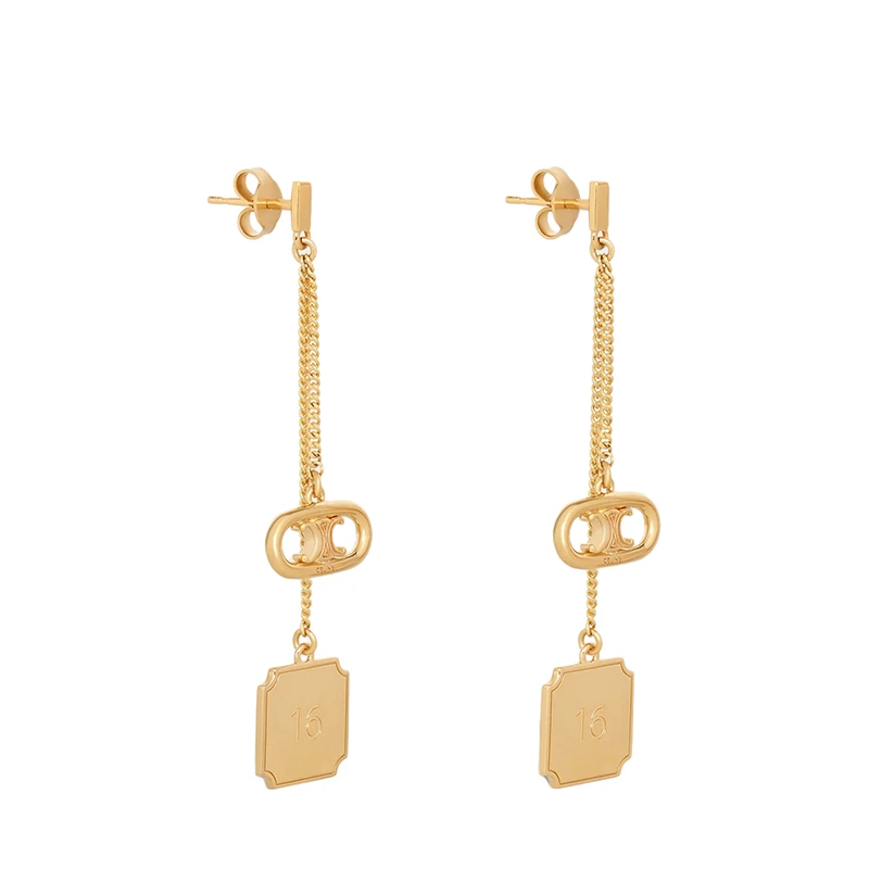 CELINE/赛琳 经典MAILLON TRIOMPHE SIGNATURE系列 金色黄铜方形挂坠耳环 商品