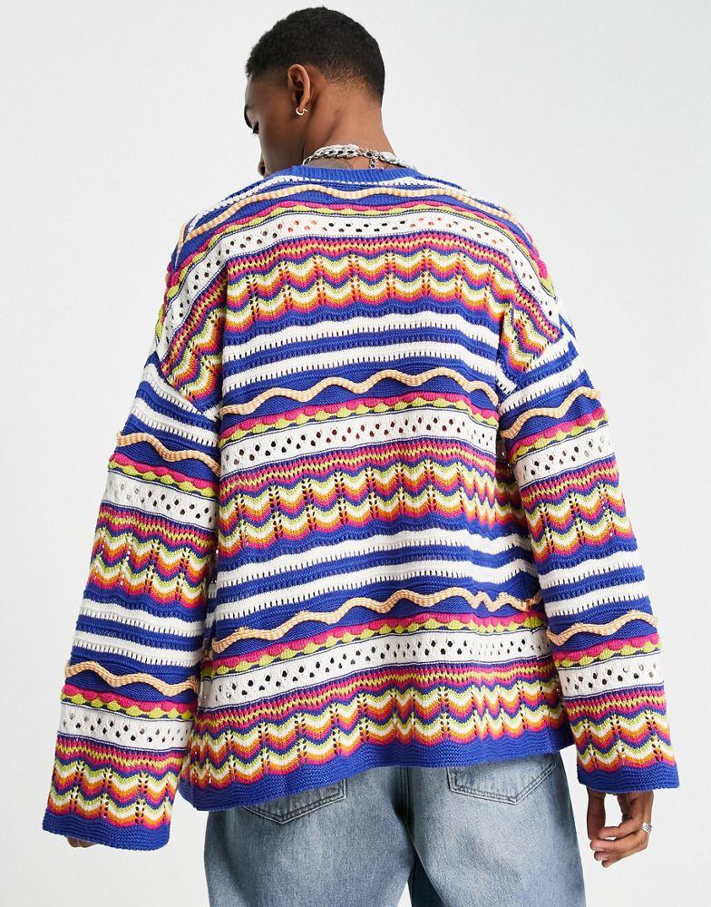 ASOS DESIGN knitted crochet cardigan in multicolour stripes商品第2张图片规格展示