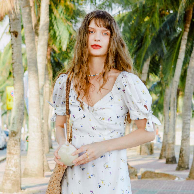 Zahra白色小碎花纽结泡泡袖复古连衣裙 | Zahra Dress - Ivory Petal 商品第5张图片规格展示