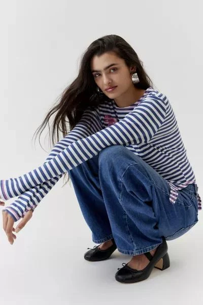 商品Urban Outfitters|Striped Bow Long Sleeve Baby Tee,价格¥113,第3张图片详细描述