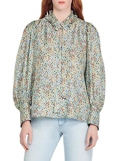 商品Sandro|Floral Silk Tie-Neck Blouse,价格¥1401,第1张图片