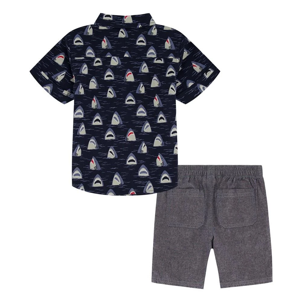 商品KIDS HEADQUARTERS|Little Boys Short Sleeve Shark-Print Poplin Shirt and Chambray Shorts, 2 Piece Set,价格¥99,第2张图片详细描述