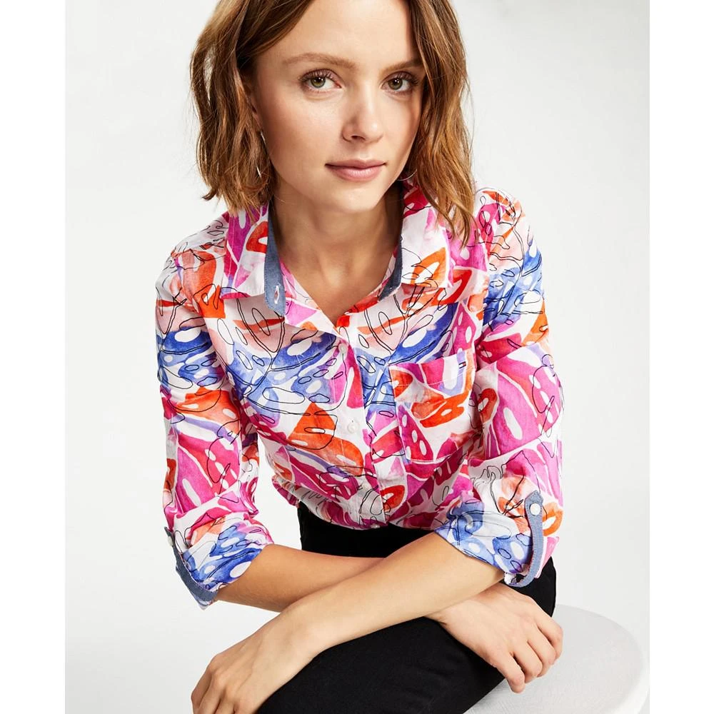 商品Tommy Hilfiger|Women's Cotton Leaf-Print Roll-Tab Shirt,价格¥314,第3张图片详细描述