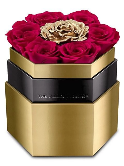 商品The Million Roses|Magenta & Gold Roses In Hexagon Gold Mirror Box,价格¥1118,第1张图片