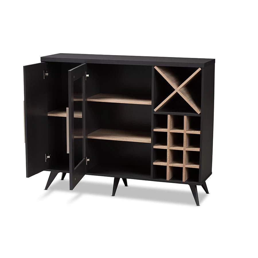 商品Baxton Studio|Pietro Mid-Century Modern Dark Grey and Oak Finished Wine Cabinet,价格¥1920,第2张图片详细描述