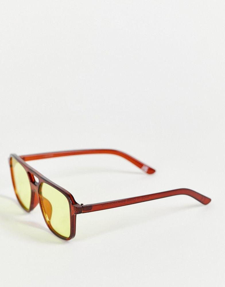 ASOS DESIGN aviator sunglasses in crystal brown with yellow lens商品第2张图片规格展示