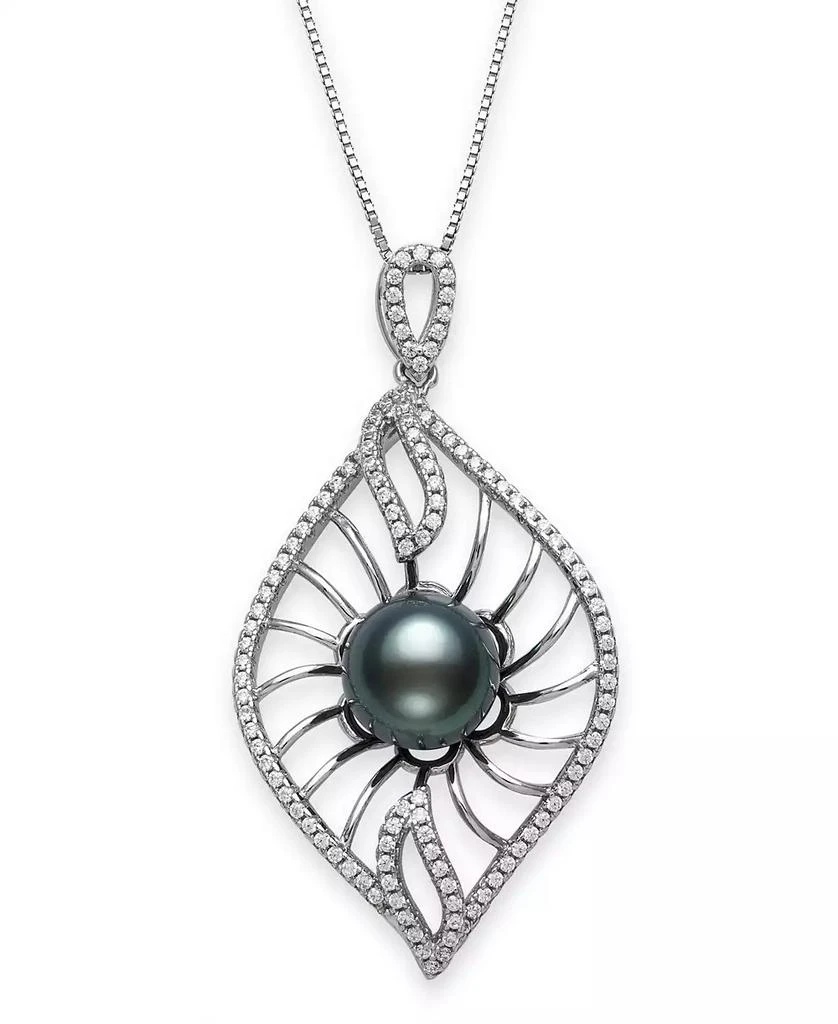 商品Macy's|Cultured Black Tahitian Pearl 9-10mm and Cubic Zirconia Drop Pendant in Sterling Silver with 18" Chain,价格¥972,第1张图片