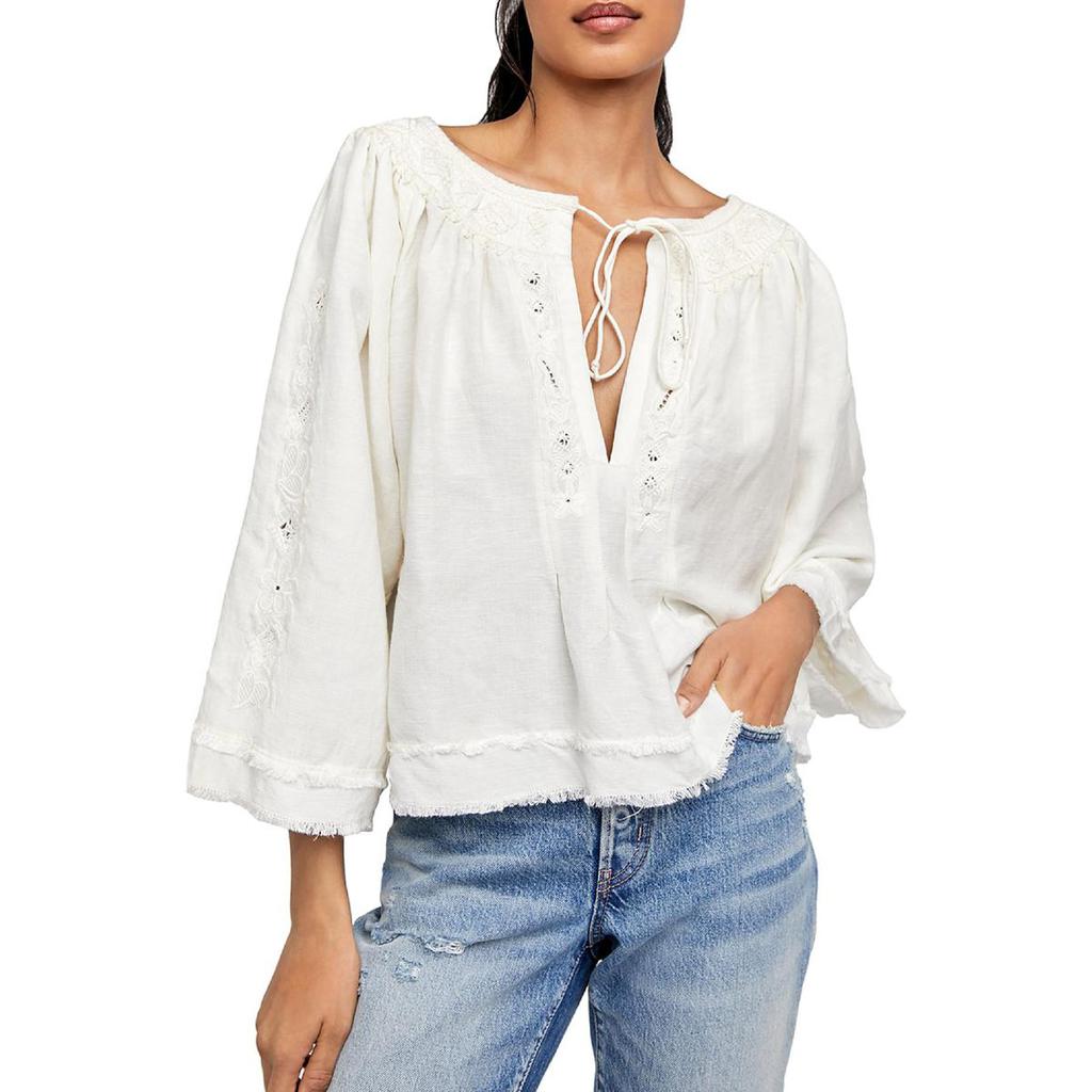 Free People Womens Embroidered Fringed Peasant Top商品第1张图片规格展示