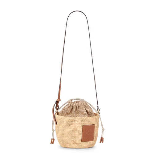 商品Loewe|【包税】LOEWE/罗意威 Basket系列 女士自然色拉菲草编织牛皮革肩带织物抽绳小袋单肩斜挎包A689C70X08-2435,价格¥5506,第1张图片
