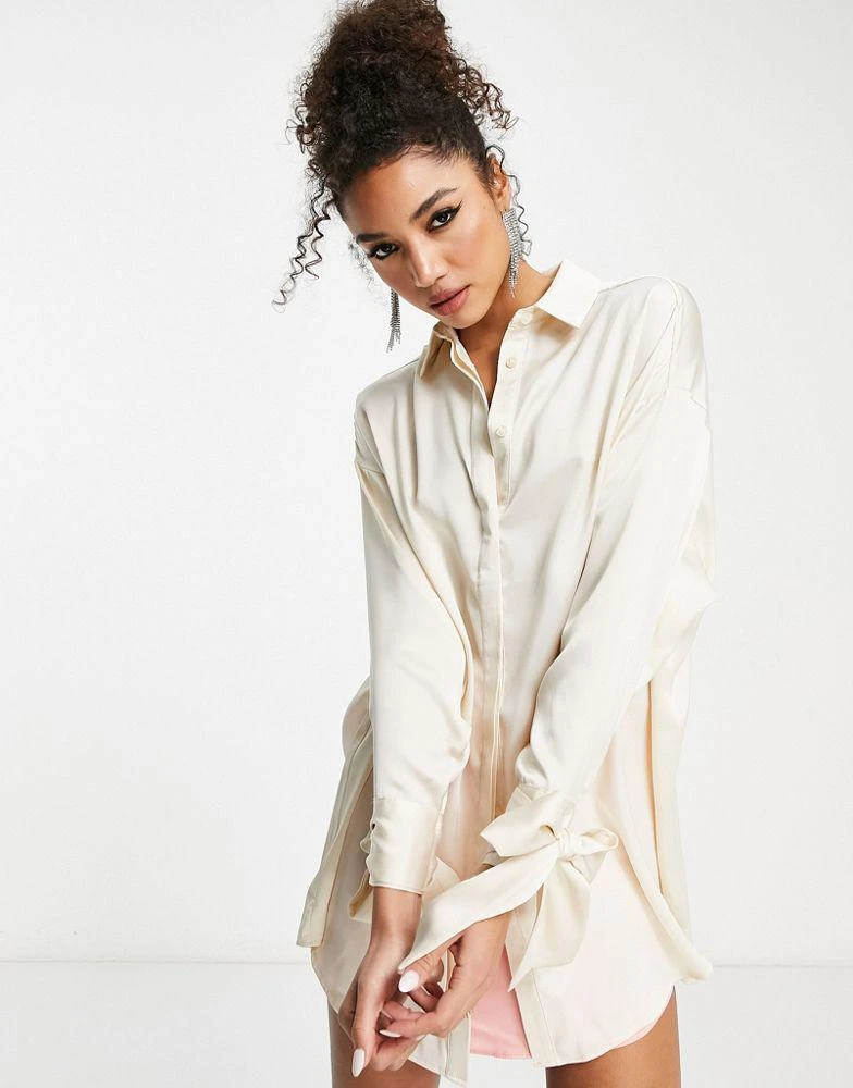 商品ASOS|ASOS DESIGN oversized satin shirt with tie cuff detail in oyster,价格¥314,第1张图片