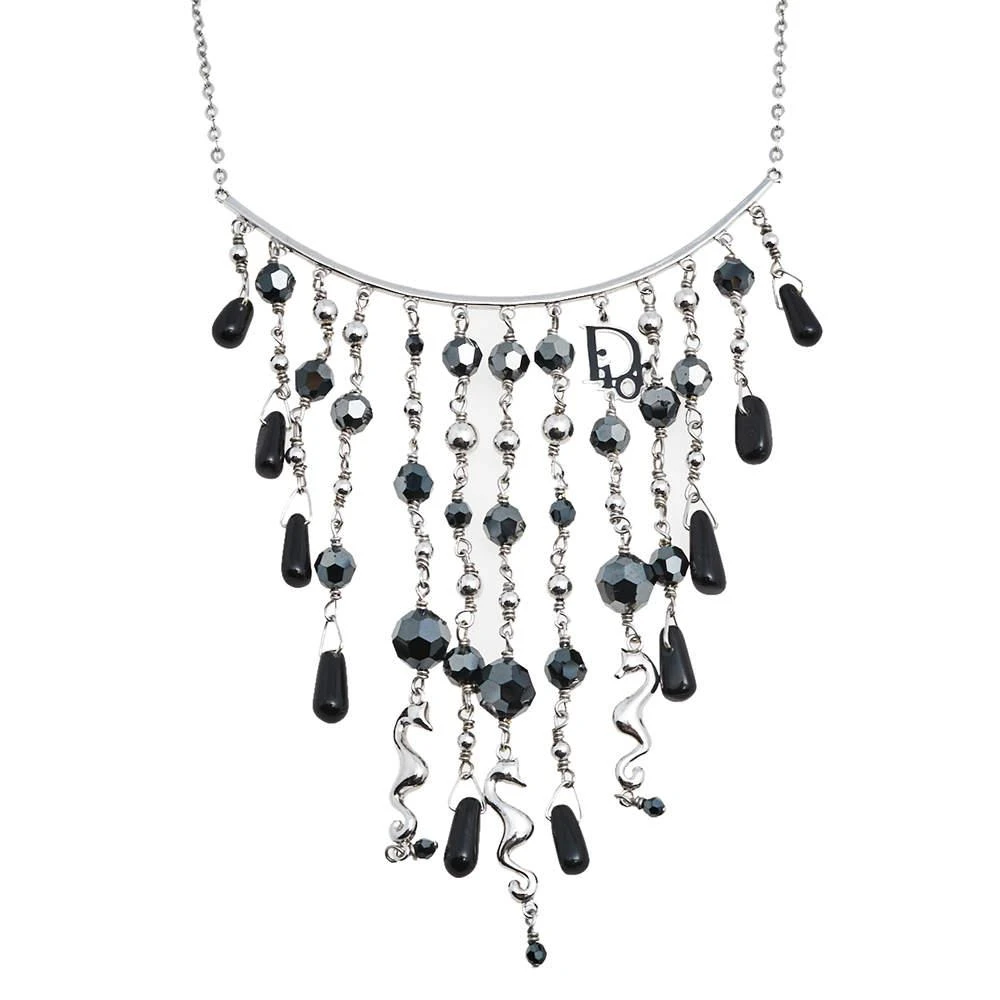 商品[二手商品] Dior|Dior Black Beaded Logo Charm Tasseled Choker Necklace ,价格¥1609,第2张图片详细描述