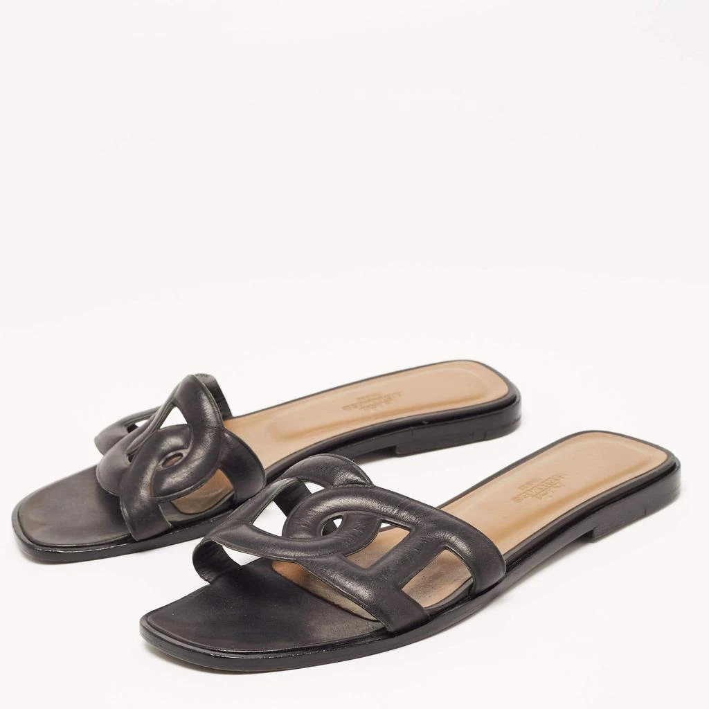 商品[二手商品] Hermes|Hermes Black Leather Aloha Flat Slides Size 36,价格¥3061,第2张图片详细描述