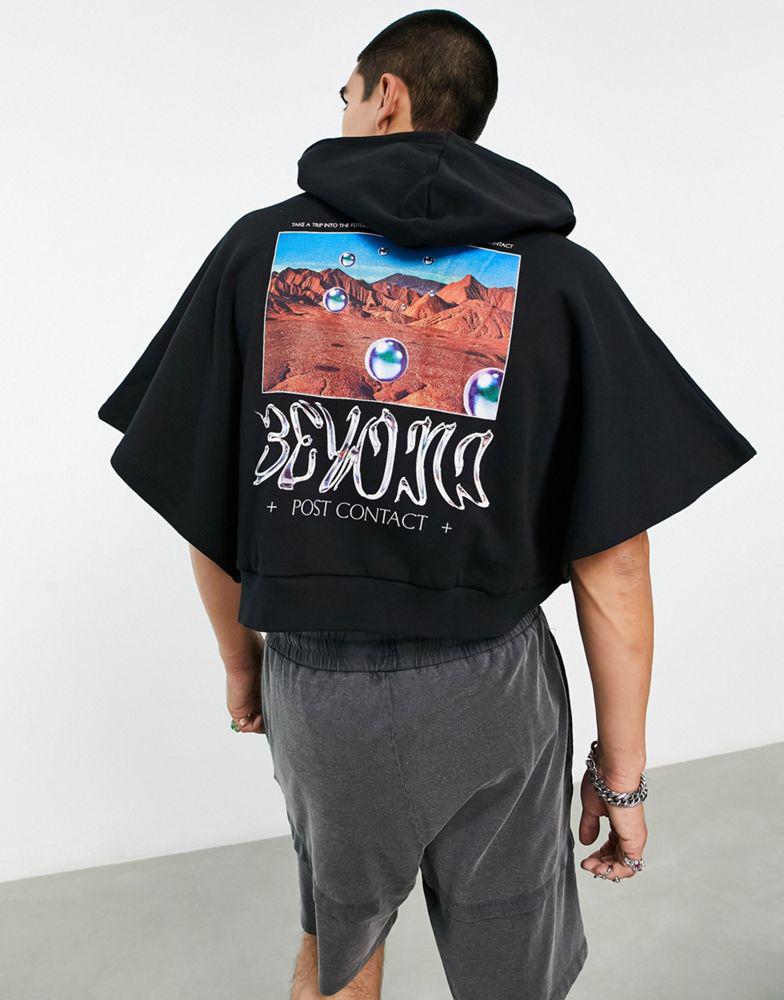 ASOS DESIGN oversized cropped short sleeve hoodie in black with photographic back print商品第4张图片规格展示