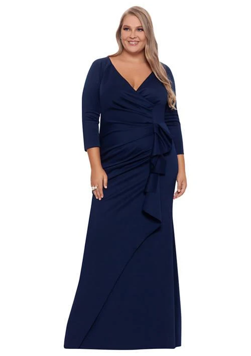 商品XSCAPE|Plus Size Long Sleeve V Neck Ruched Solid Scuba Gown,价格¥2092,第1张图片