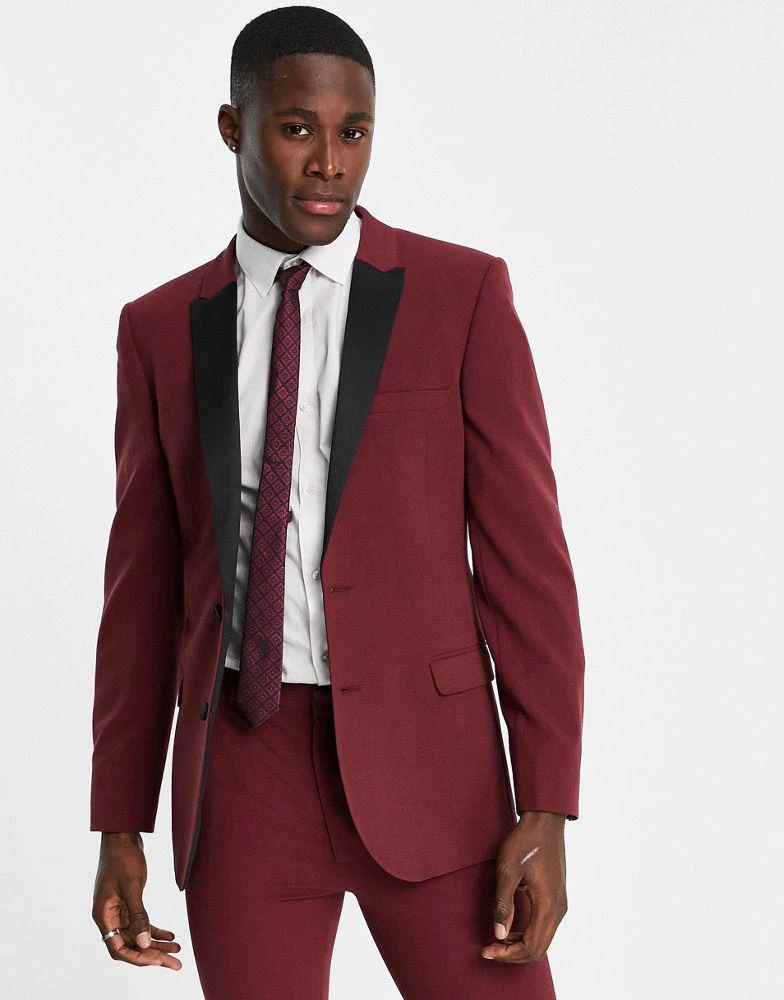 商品ASOS|ASOS DESIGN super skinny tuxedo jacket in burgundy with black lapel,价格¥413,第1张图片