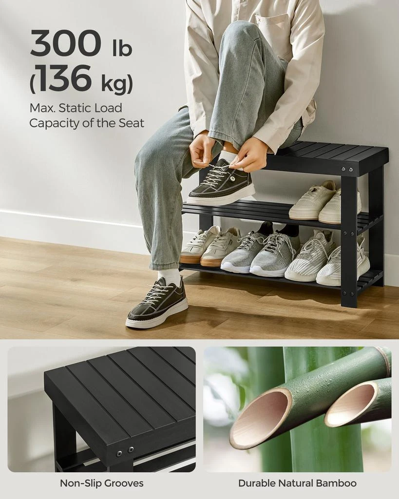 商品BreeBe|Coat Rack and 3-Tier Bamboo Shoe Bench Set Ink Black,价格¥733,第4张图片详细描述