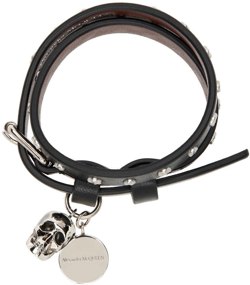商品Alexander McQueen|Black & Silver Double Wrap Studded Skull Bracelet,价格¥1883,第4张图片详细描述