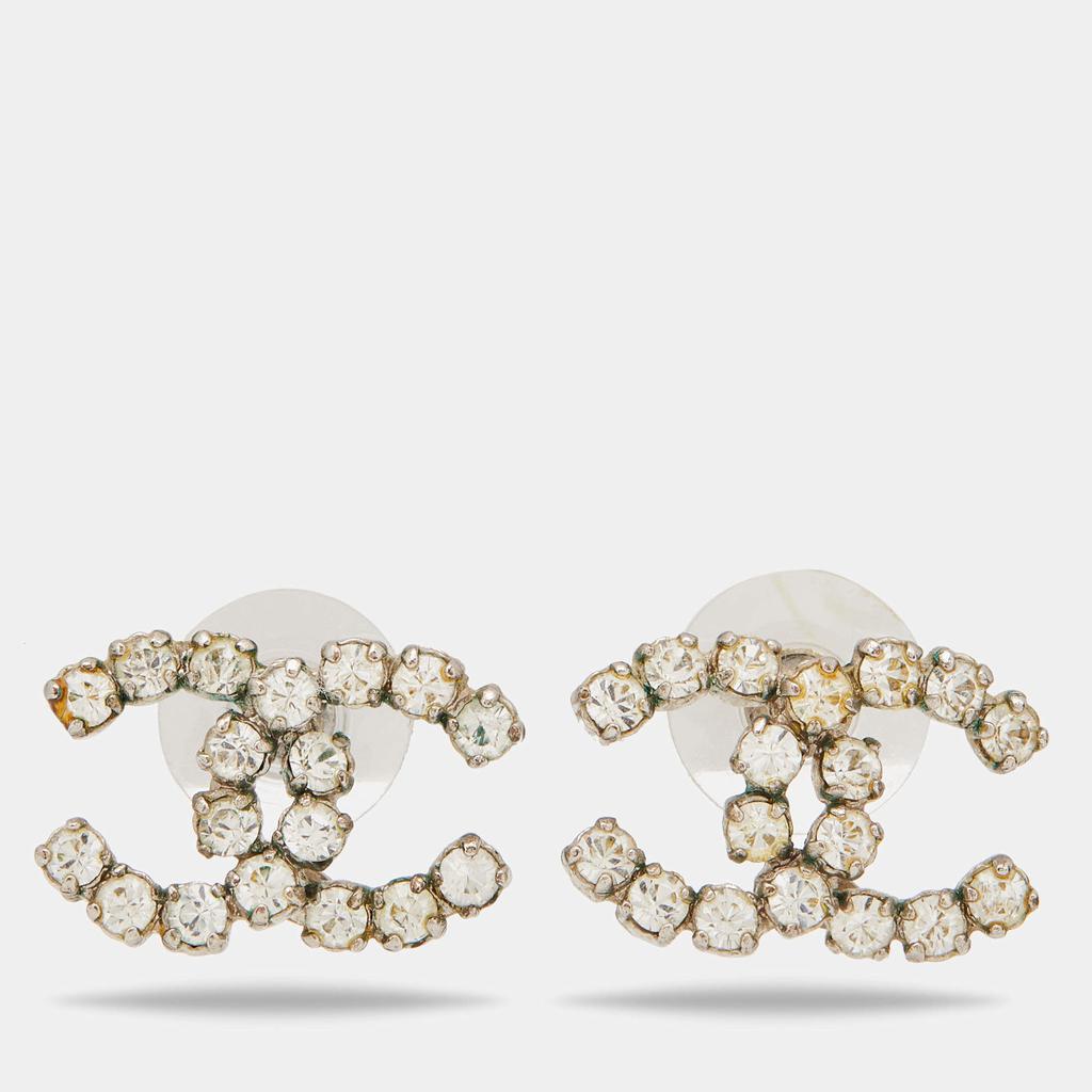 Chanel Silver Tone Crystal CC Stud Earrings商品第1张图片规格展示