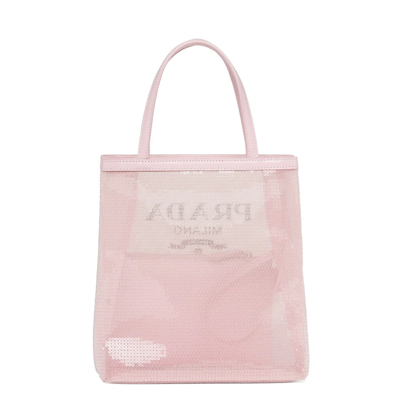 商品Prada|【预售3-7天】PRADA/普拉达 21年秋冬 女士小号雪粉色织物材质皮革提手亮片装饰网眼手提托特包1BG417_2D0A_F0E18_V_OOO,价格¥10853,第4张图片详细描述