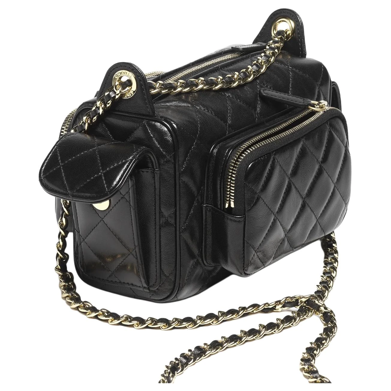 商品[国内直发] Chanel|香奈儿 24K 金色金属徽标Logo 菱格纹绗缝 小羊皮 手提单肩包 小号 女款 黑色,价格¥47864,第4张图片详细描述