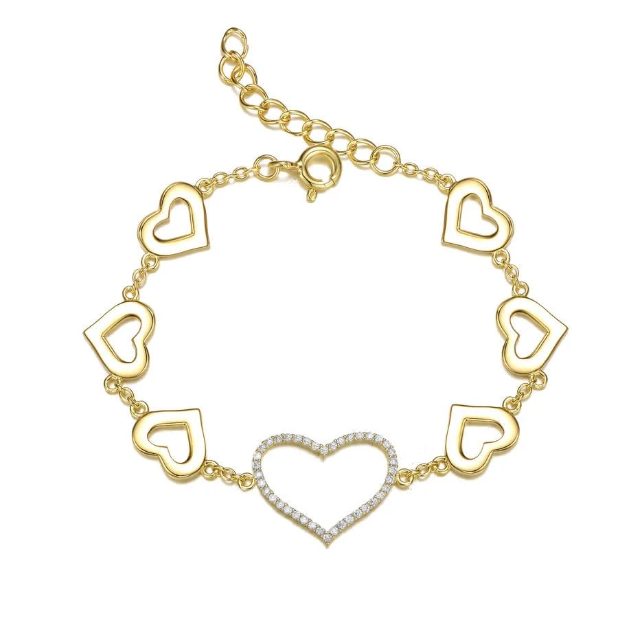 商品Megan Walford|14k Gold Plated with DIamond Cubic Zirconia Heart Halo Charm Kids/Teens Bracelet in Sterling Silver,价格¥669,第1张图片