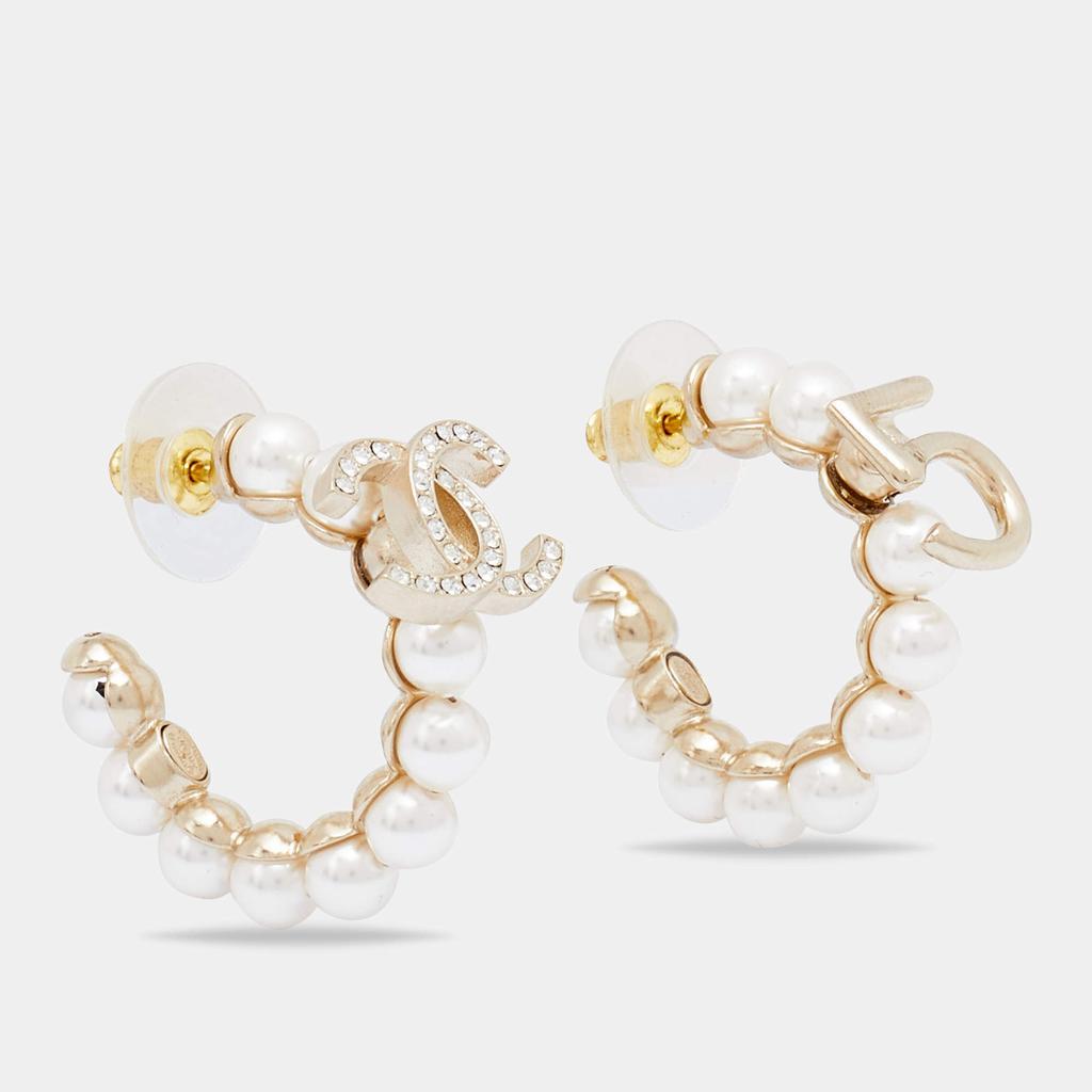 商品[二手商品] Chanel|Chanel Faux Pearl & Crystal CC No 5 Hoop Earrings,价格¥5209,第1张图片