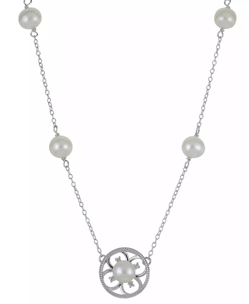 商品Macy's|Cultured Freshwater Pearl (5 - 6-1/2mm) & Lab-Created White Sapphire (1/20 ct. t.w.) Flower 18" Pendant Necklace in Sterling Silver,价格¥702,第3张图片详细描述