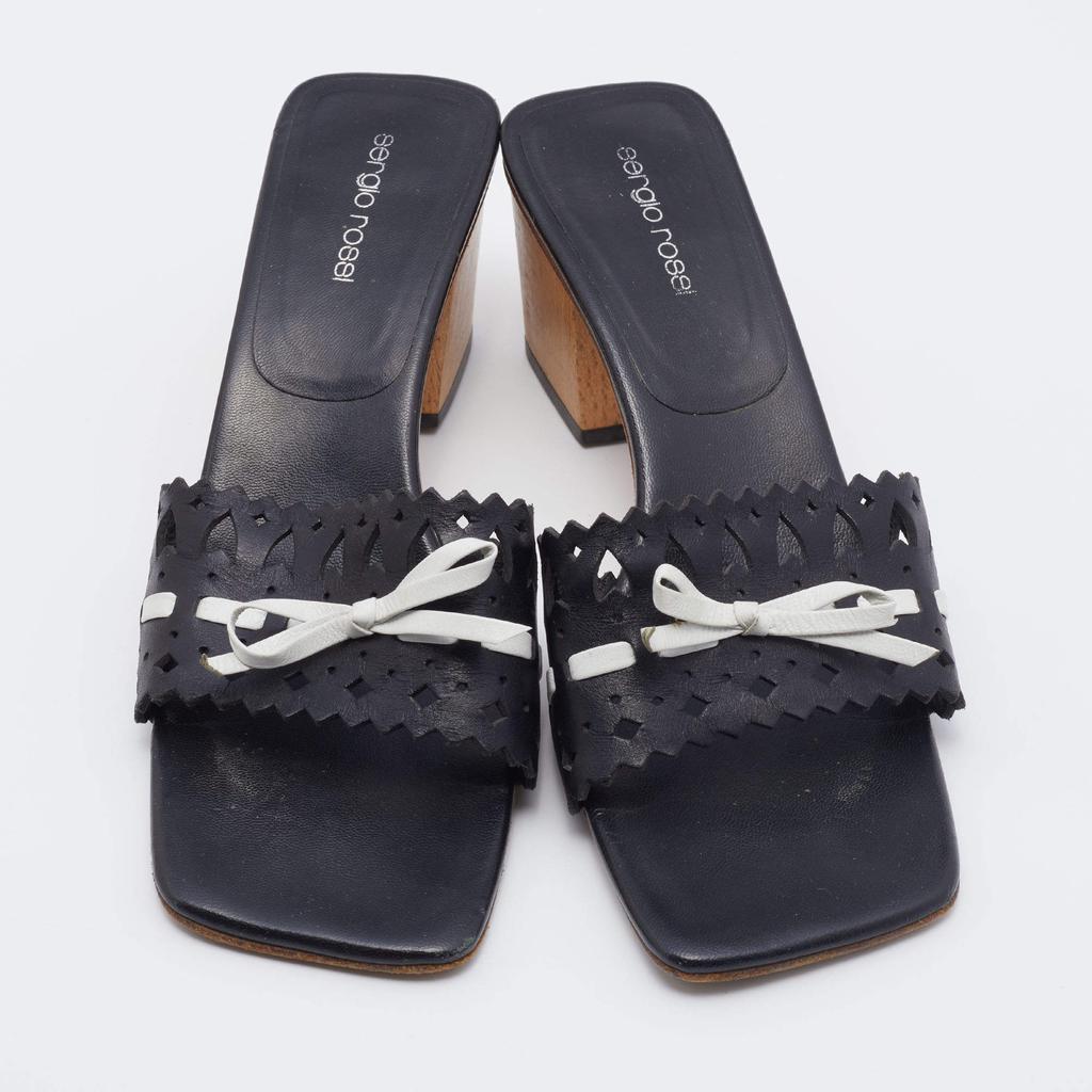 Sergio Rossi Black/White Laser Cut Leather Bow Detail Slide Sandals Size 37.5商品第3张图片规格展示