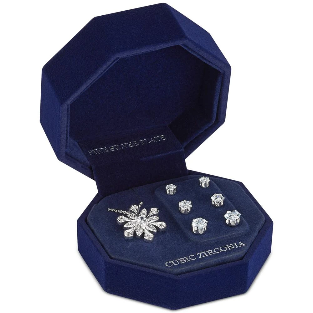 商品Macy's|Silver Plated Cubic Zirconia Snowflake Pendant and Three Piece Earring Set,价格¥89,第2张图片详细描述