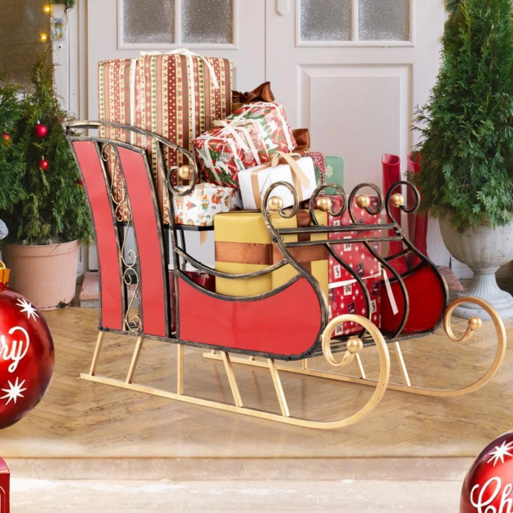 商品Hivvago|3 FT Christmas Metal Sleigh Decoration Santa Sleigh with 2-Tier Storage Shelf,价格¥1075,第3张图片详细描述