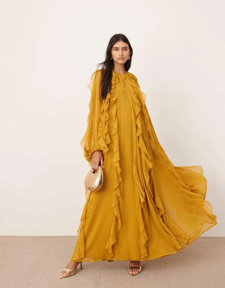 商品ASOS|ASOS EDITION chiffon raw edge ruffle maxi dress with balloon sleeve in mustard,价格¥1025,第1张图片