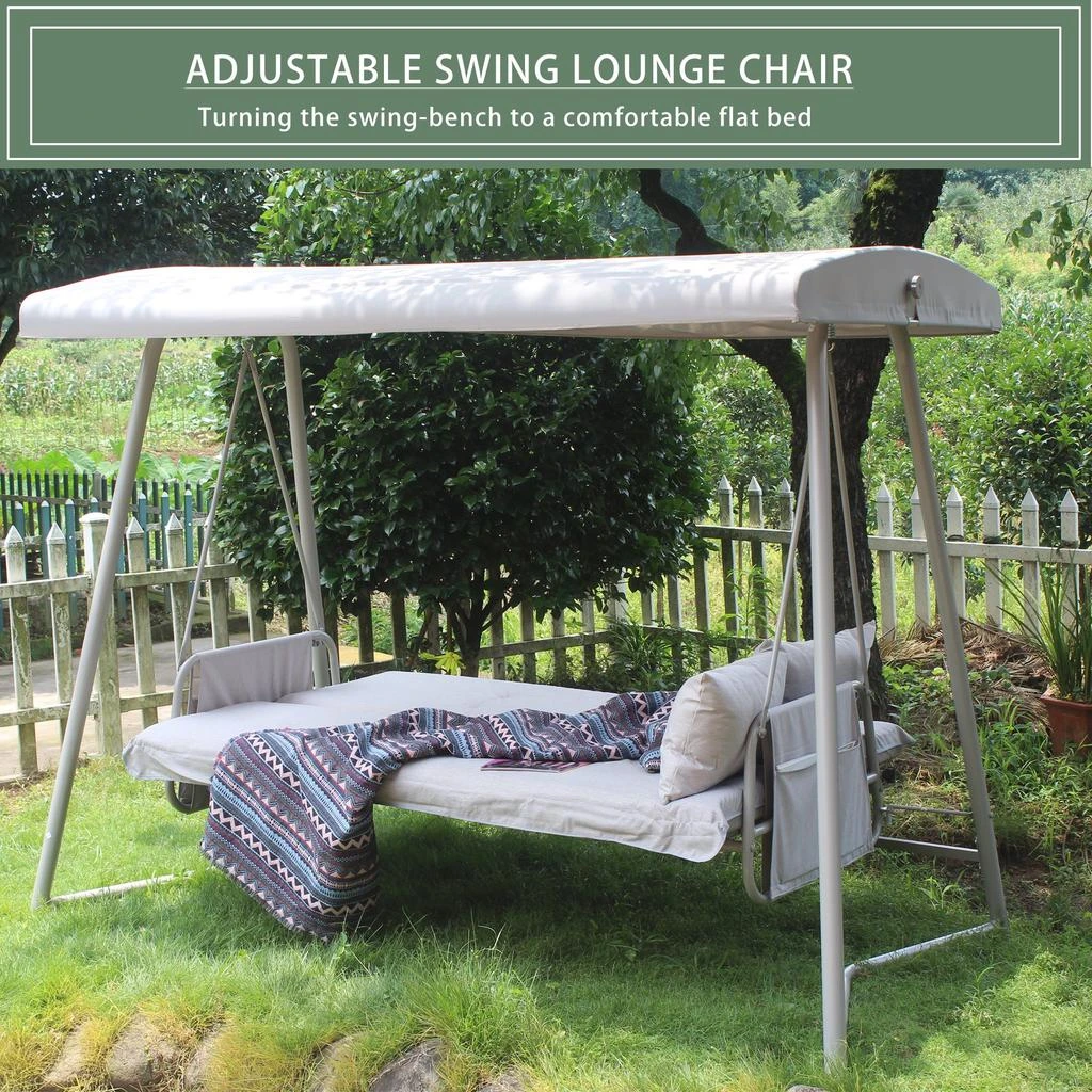 商品Streamdale Furniture|Streamdale Outdoor Patio 3 seaters Metal Swing Chair Swing bed with Cushion and Adjustable Canopy Champagne Color,价格¥5466,第2张图片详细描述