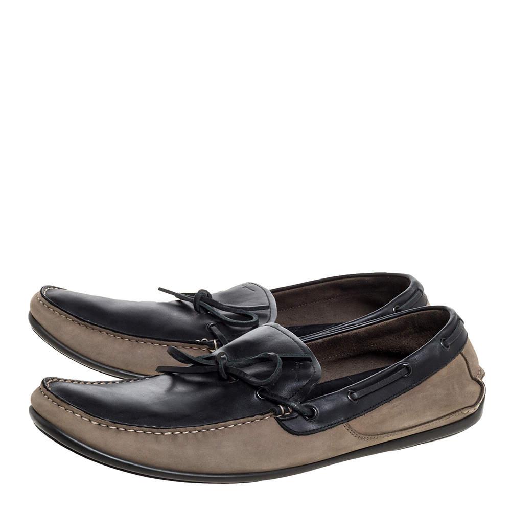 Salvatore Ferragamo Brown/Grey Nubuck Leather Bow Slip On Loafers Size 46商品第4张图片规格展示