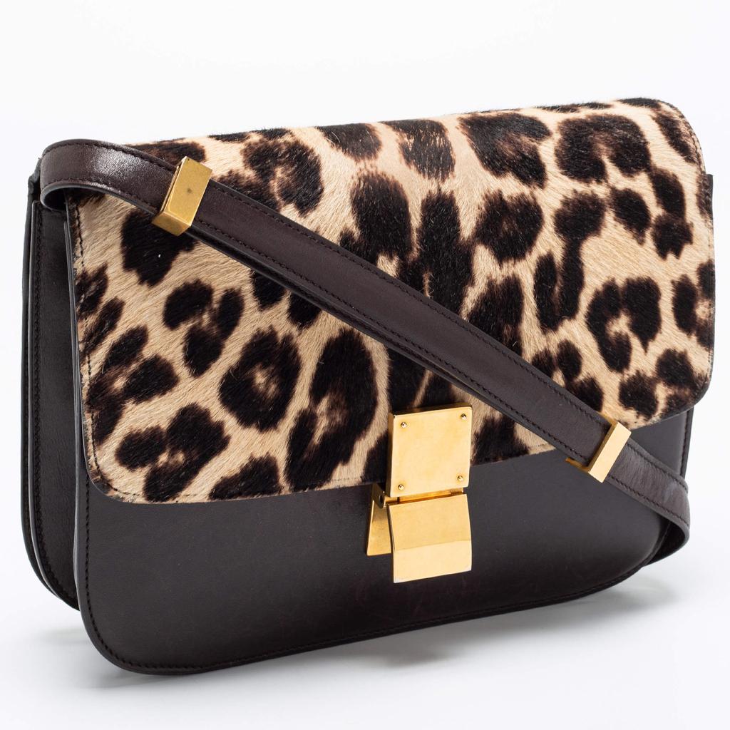 Celine Brown Leopard Print Leather and Calfhair Medium Classic Box Shoulder Bag商品第3张图片规格展示
