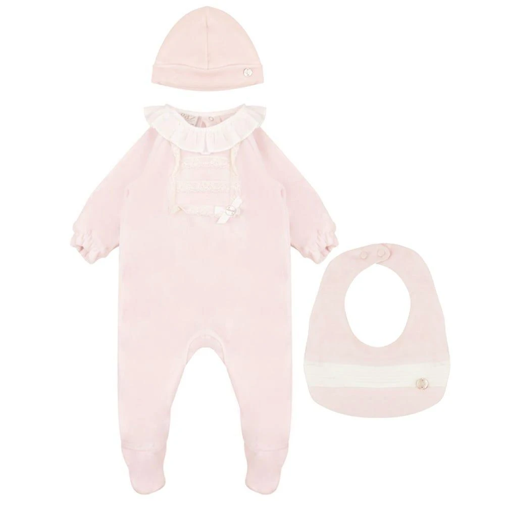 Pink & White Velour Romper Hat & Bib Gift Set 商品